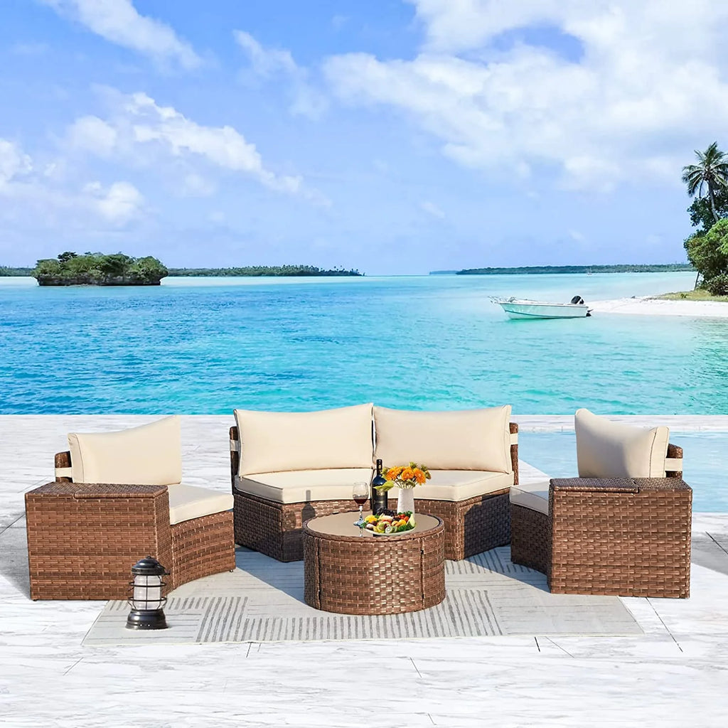 7 Piece Outdoor Patio Sectional Sofa Set with Storage Armrest L871980