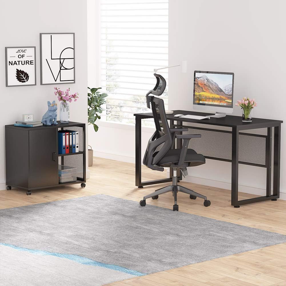 Black 55 inch L-Shaped Computer Desk with File Cabinet P3552