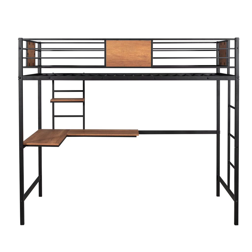 Black Twin Size Metal Loft Bed with Desk and Shelves D821