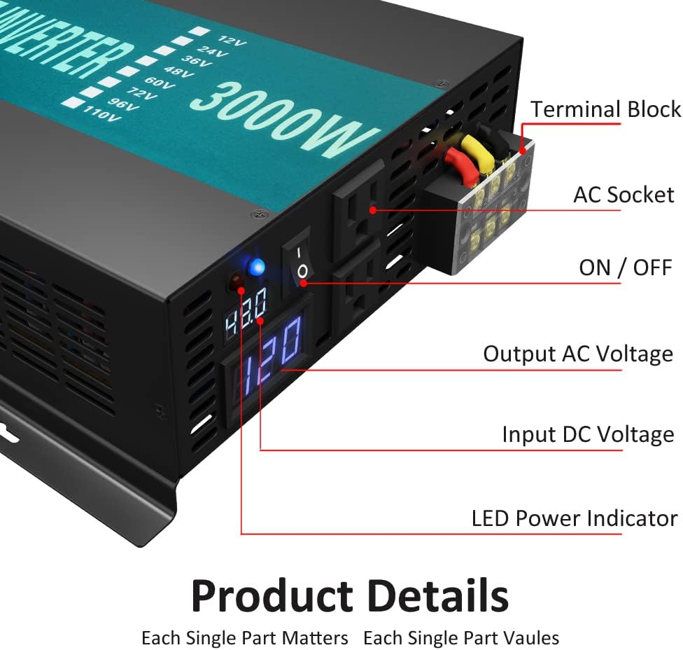 3000W 48V 120V Pure Sine Wave Power Inverter with 2 AC Outlets R1485