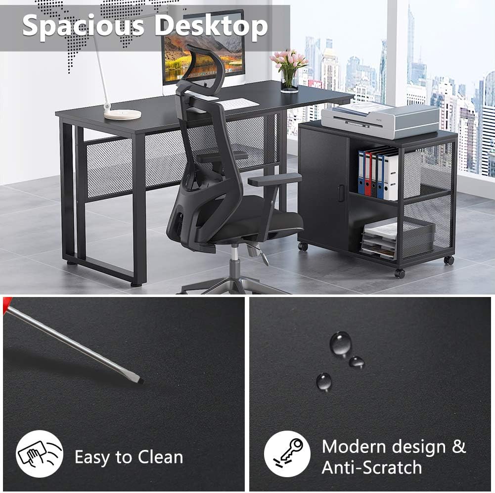 Black 55 inch L-Shaped Computer Desk with File Cabinet P3552