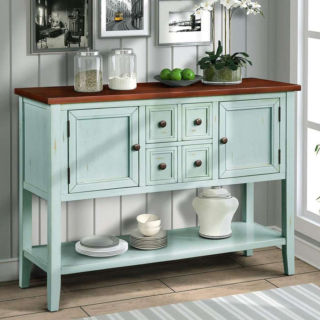 Blue Console Sofa Table with Storage Drawers Cabinets and Bottom Shelf B69356