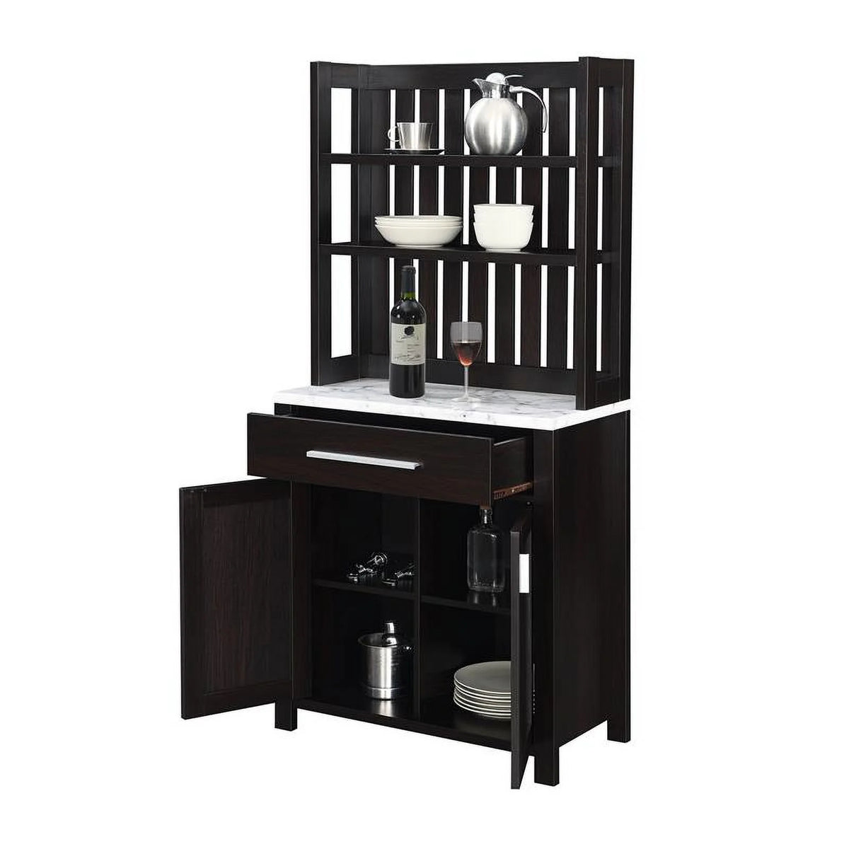 Espresso Wood Wine Bar with Cabinet and White Faux Marble Top W145