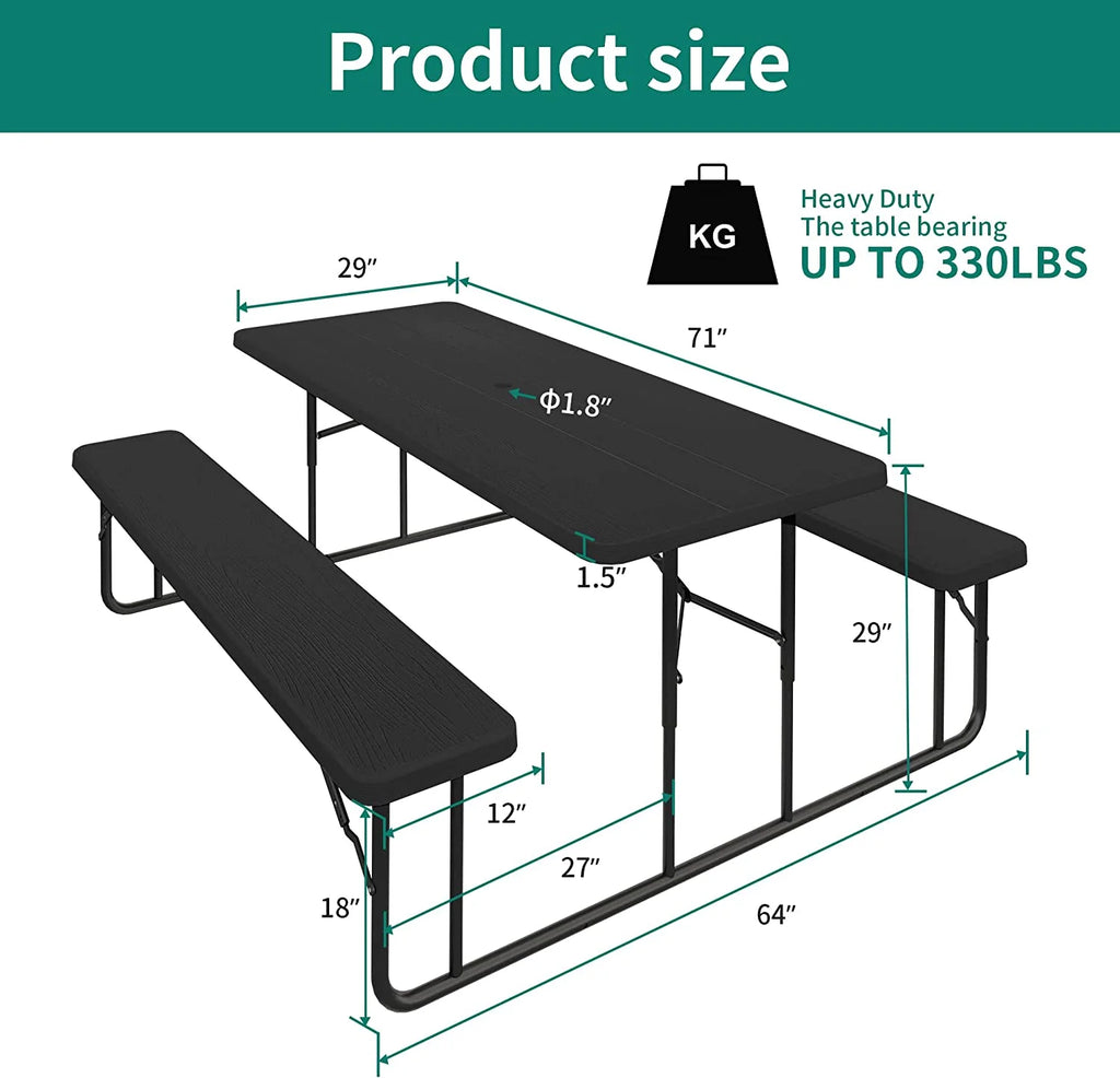 6ft Folding Picnic Table and Bench Black D789