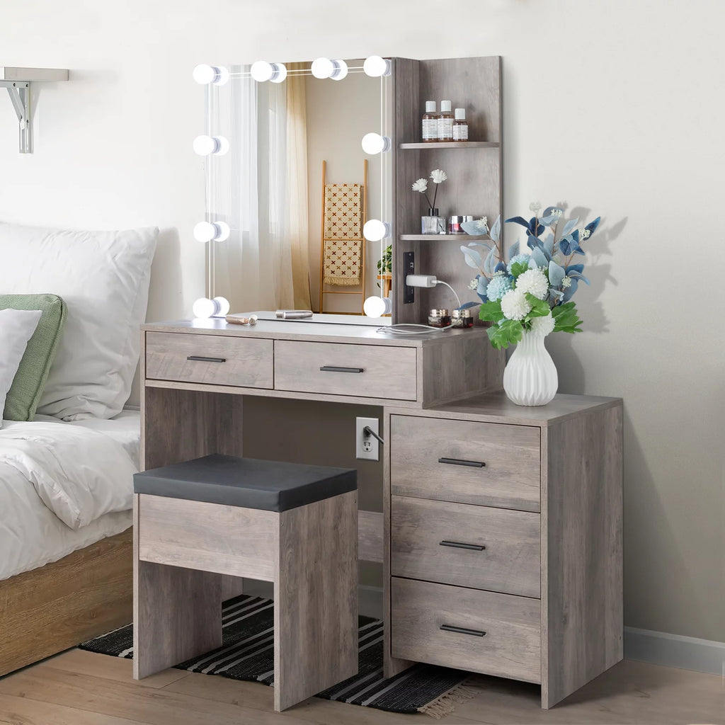 Lighted Vanity Makeup Table Set with Sliding Mirror and Cushioned Stool T35097