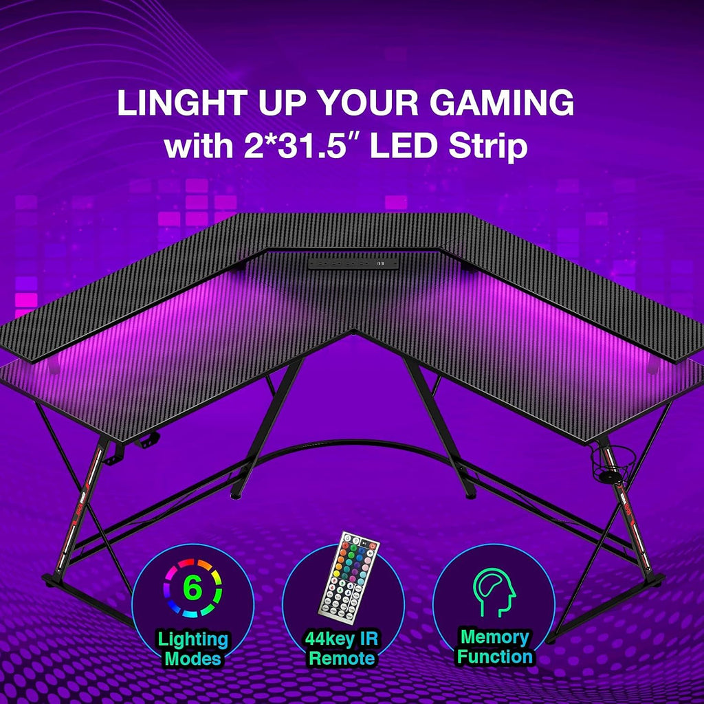 L-Shaped Gaming Desk with LED Strip & Power Outlets M98093