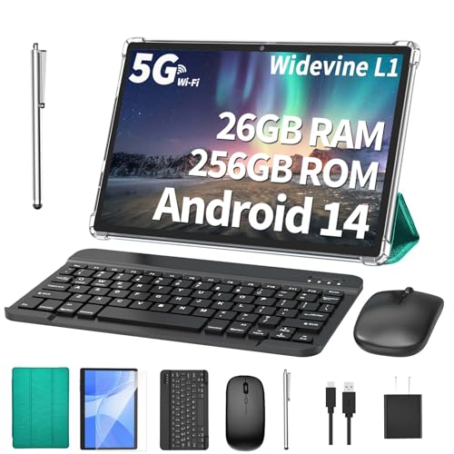 10.1 inch Android 14 Tablet with Keyboard, 26GB RAM, 256GB ROM, 8000mAh Battery, Black Z2089