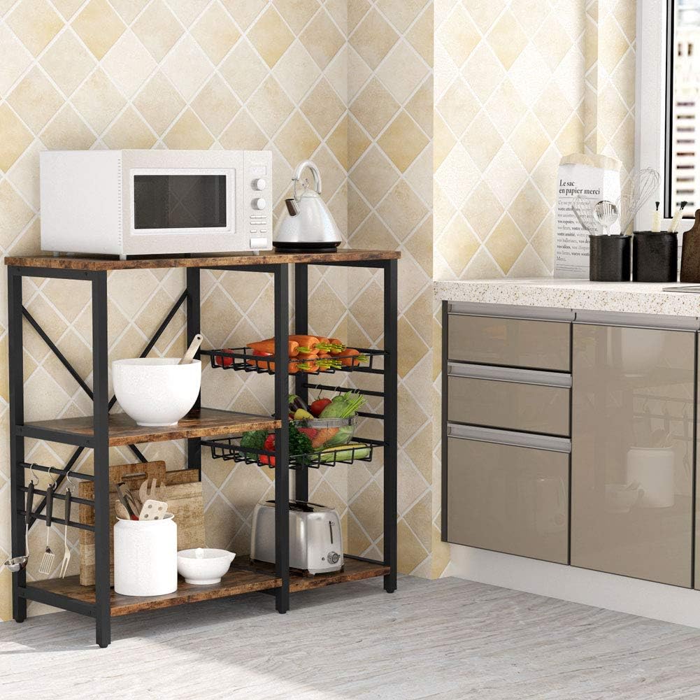 Kitchen Cart Baker’s Rack with Wire Basket and 6 Hooks H9560