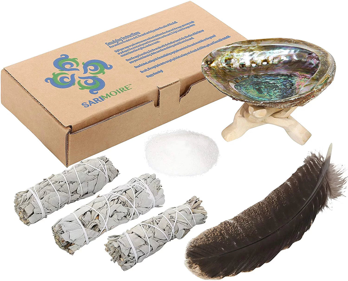 White Sage Smudge Sticks with Abalone Shell Tripod Stand Feather and White Sand W457