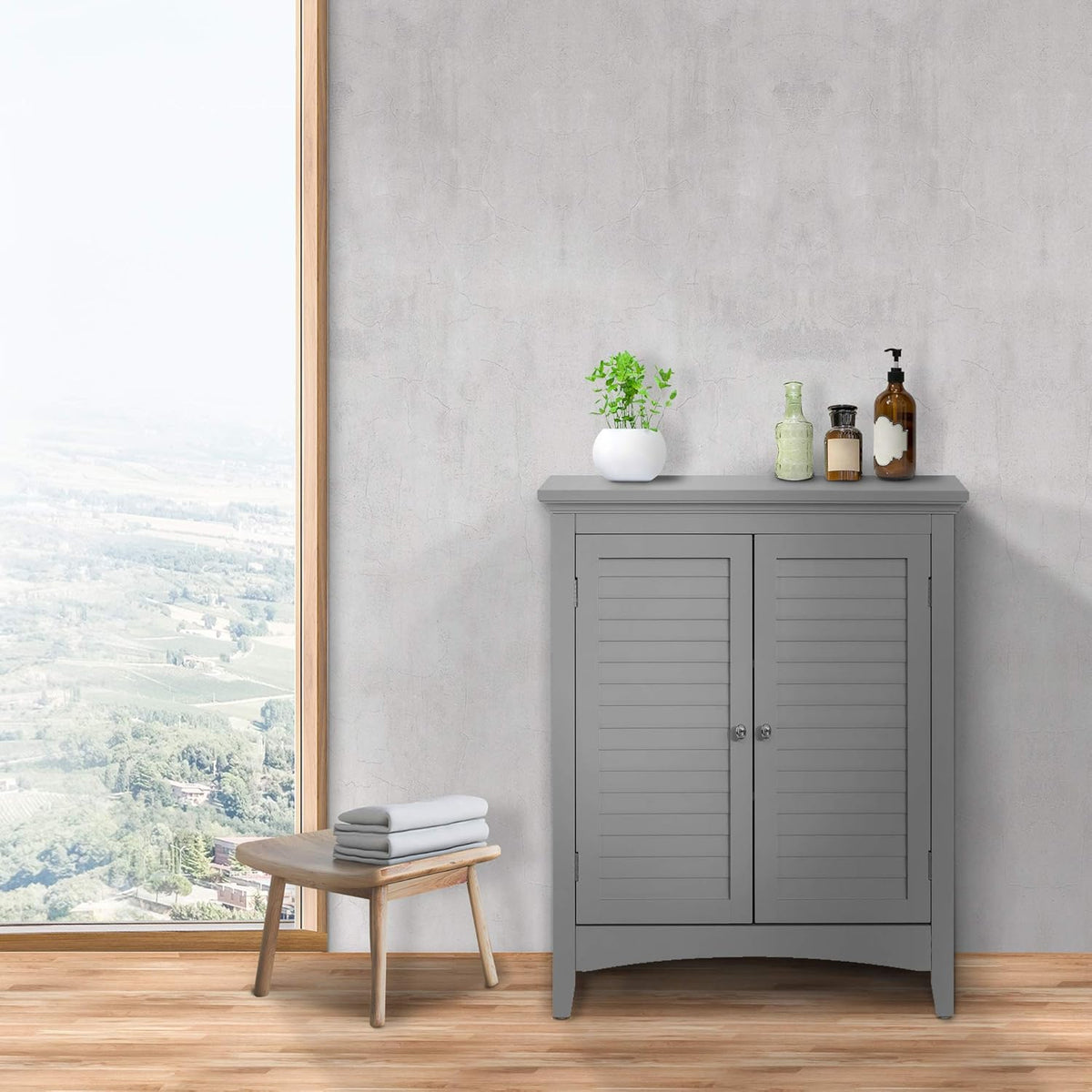 Grey Freestanding Floor Cabinet with 2 Shutter Doors H1854