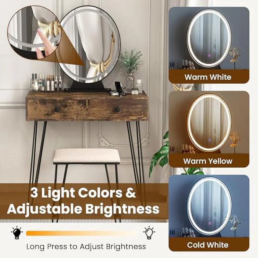 Vanity Desk with Mirror and Lights Makeup Dressing Table Set with Stool O8450