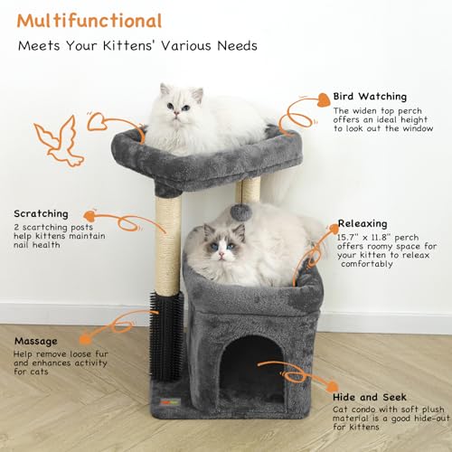 Small Cat Tree with Scratching Post, Condo, Perch and Pompoms E7809