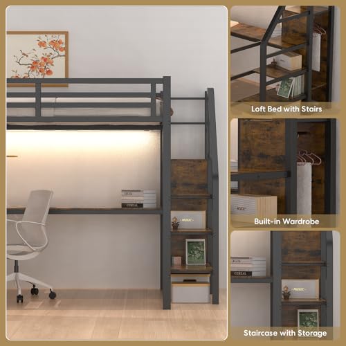 Full Size Black Metal Loft Bed with Desk and Storage Stairs K559