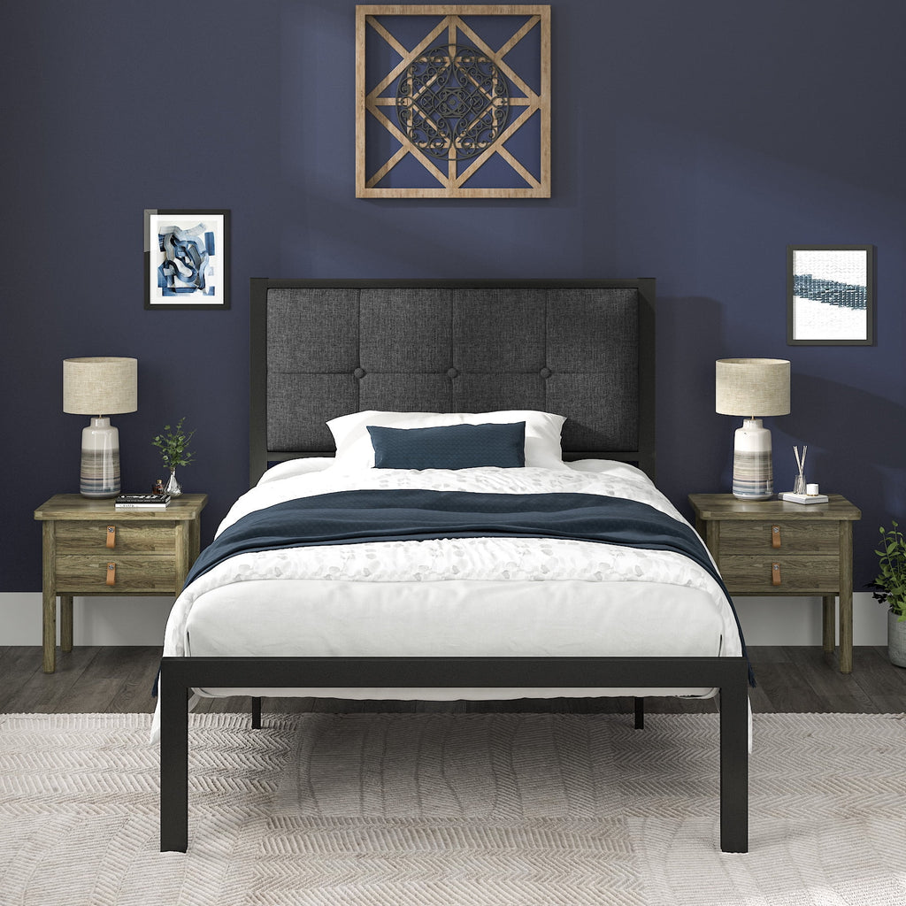 Twin Metal Platform Bed with Tufted Headboard and Under-Bed Storage, Grey N442956
