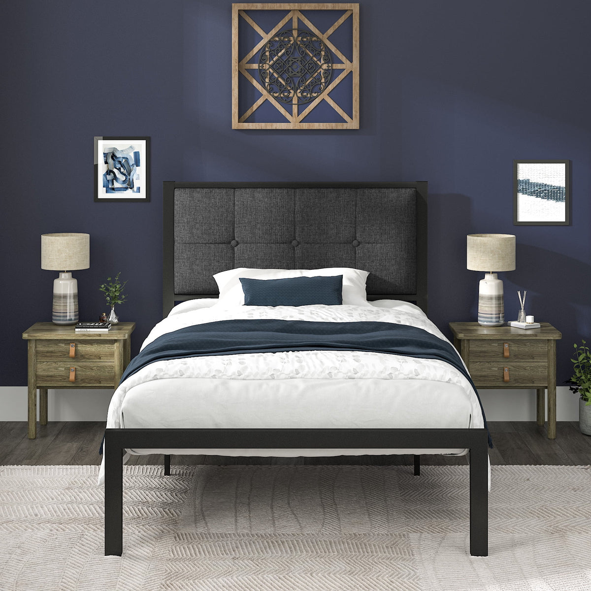 Twin Metal Platform Bed with Tufted Headboard and Under-Bed Storage, Grey N442956