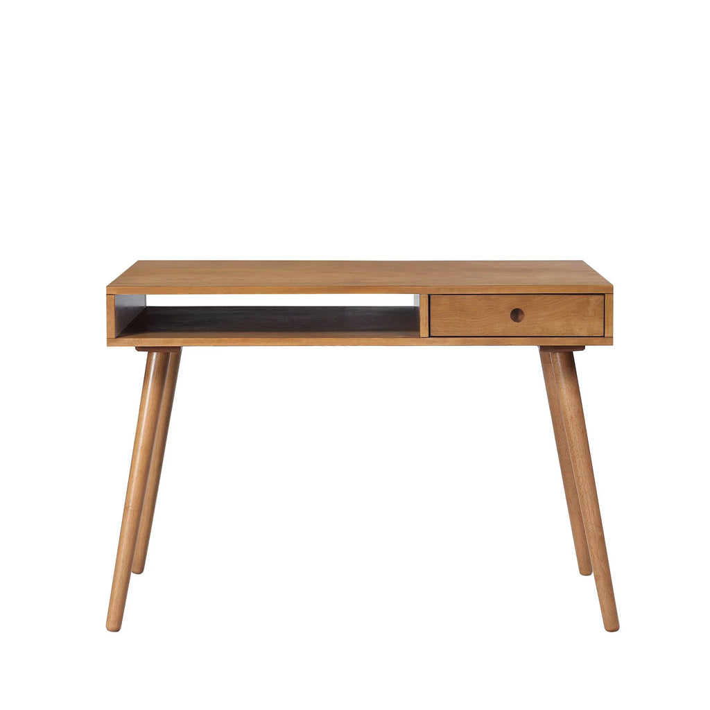 Modern Home Office Desk in Walnut Wood with Open Storage Cubby and Small Drawer H33235