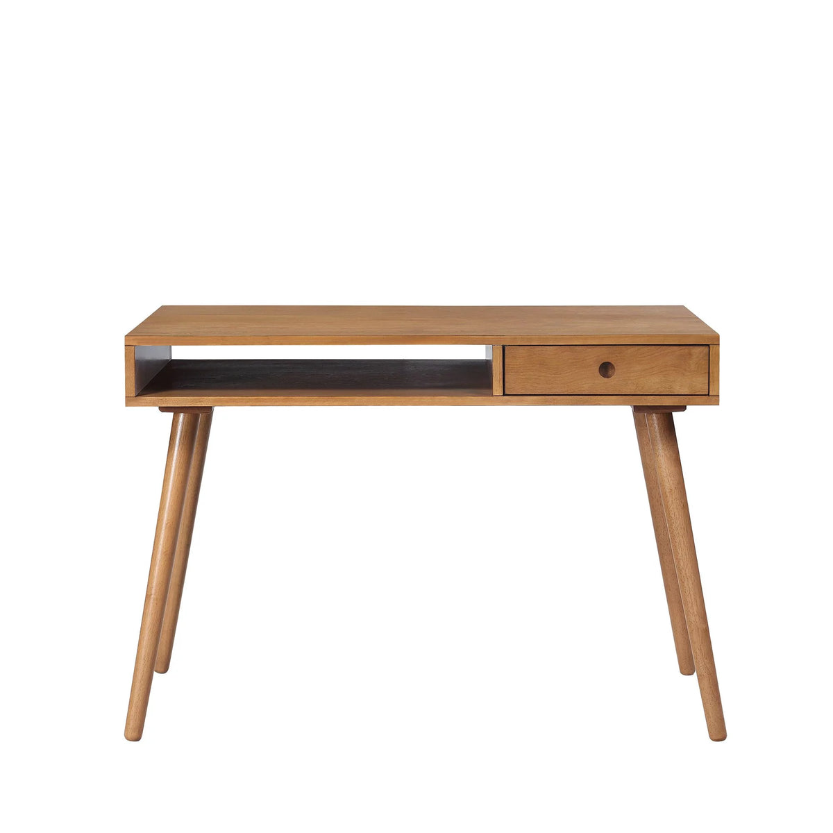 Modern Home Office Desk in Walnut Wood with Open Storage Cubby and Small Drawer H33235