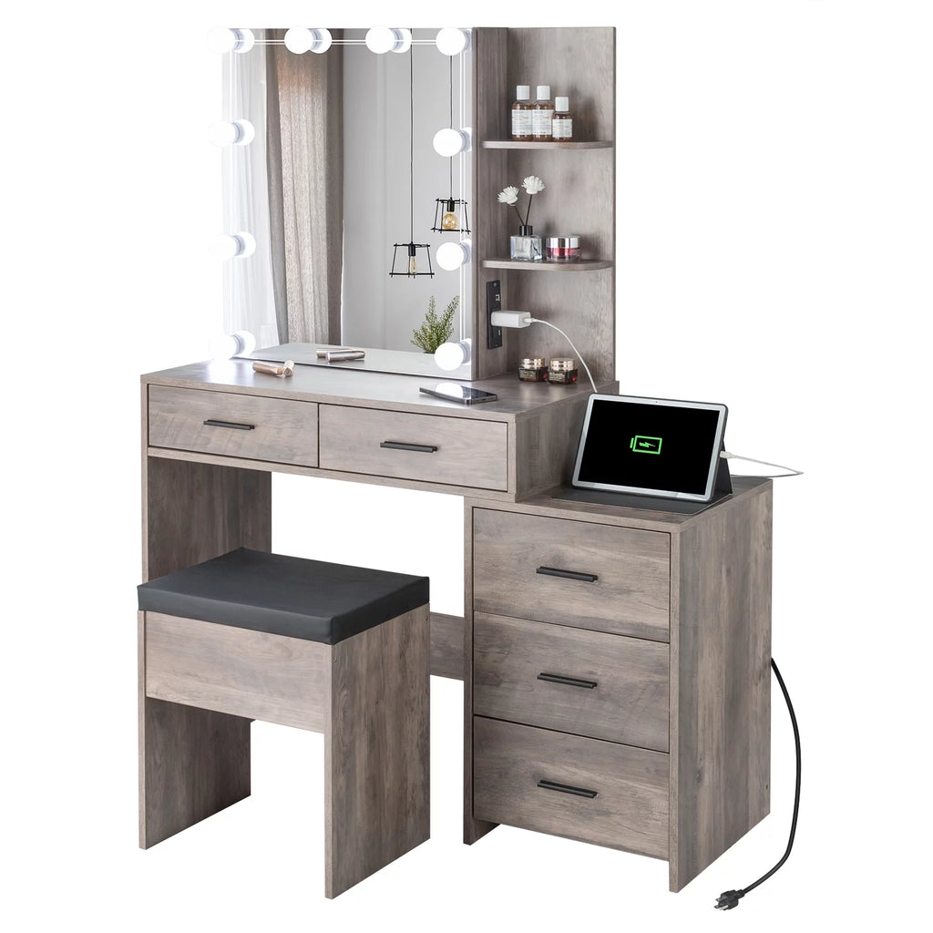 Lighted Vanity Makeup Table Set with Sliding Mirror and Cushioned Stool T35097