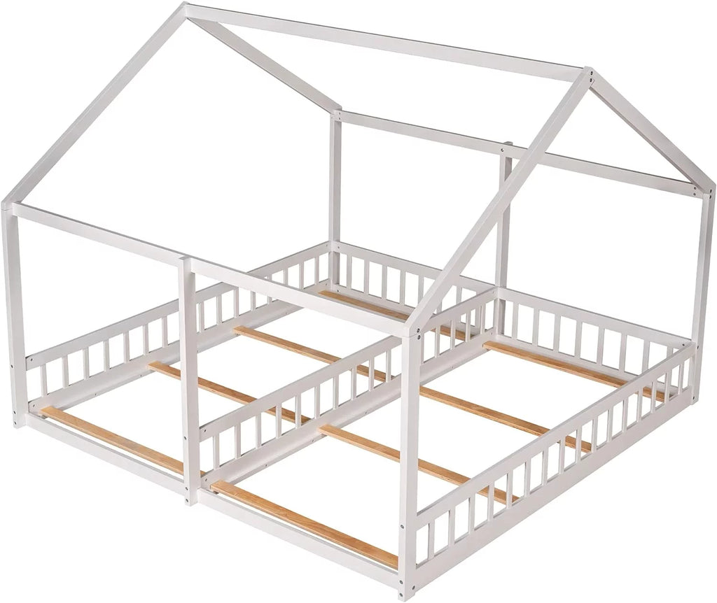White Solid Wood Floor Bed with Rails and Roof T87125