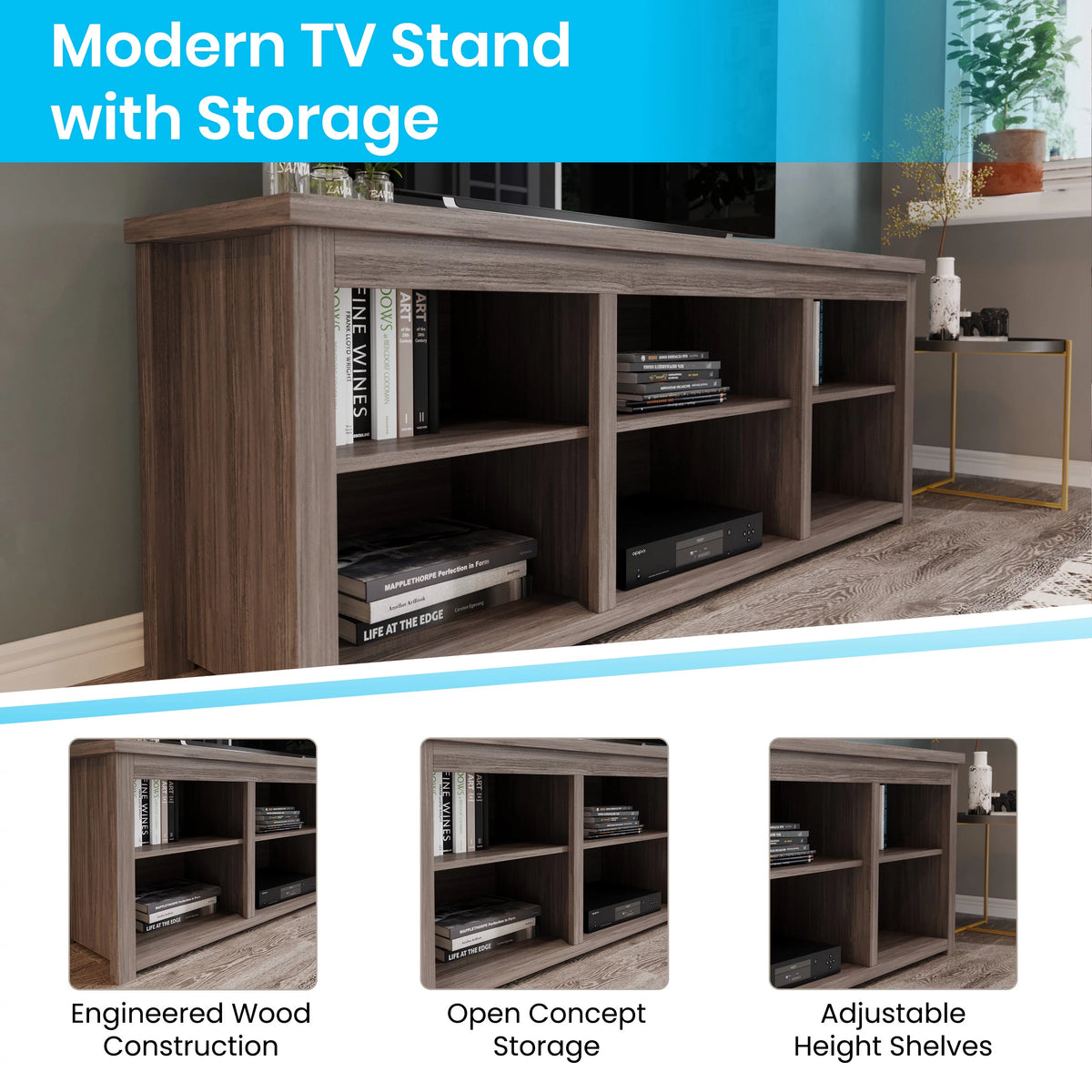 Gray Wash Oak Finish 65" Media Console with 6 Open Storage Shelves Q885