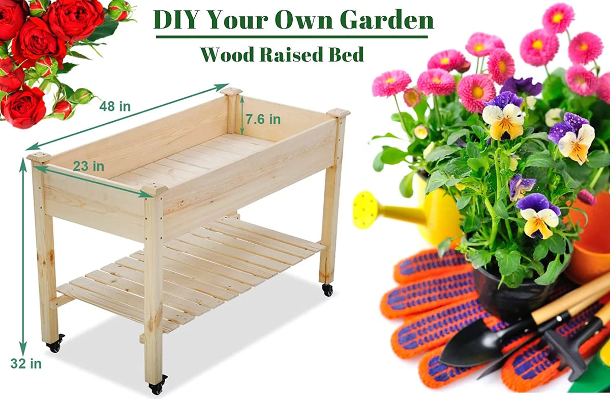 Raised Wood Garden Bed with Wheels and Storage Shelf O7902