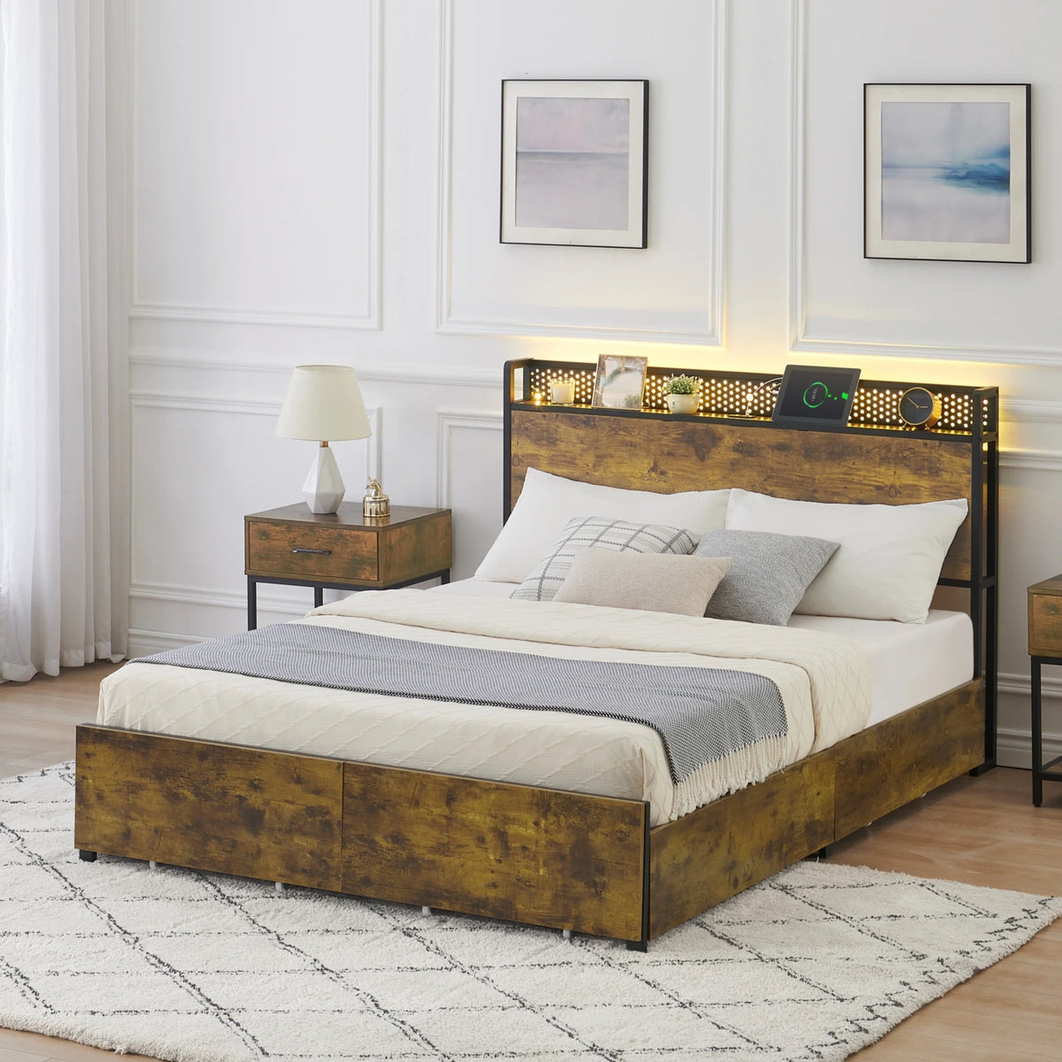 Queen Size Platform Bed Frame with Storage Headboard and 6 Drawers Z791