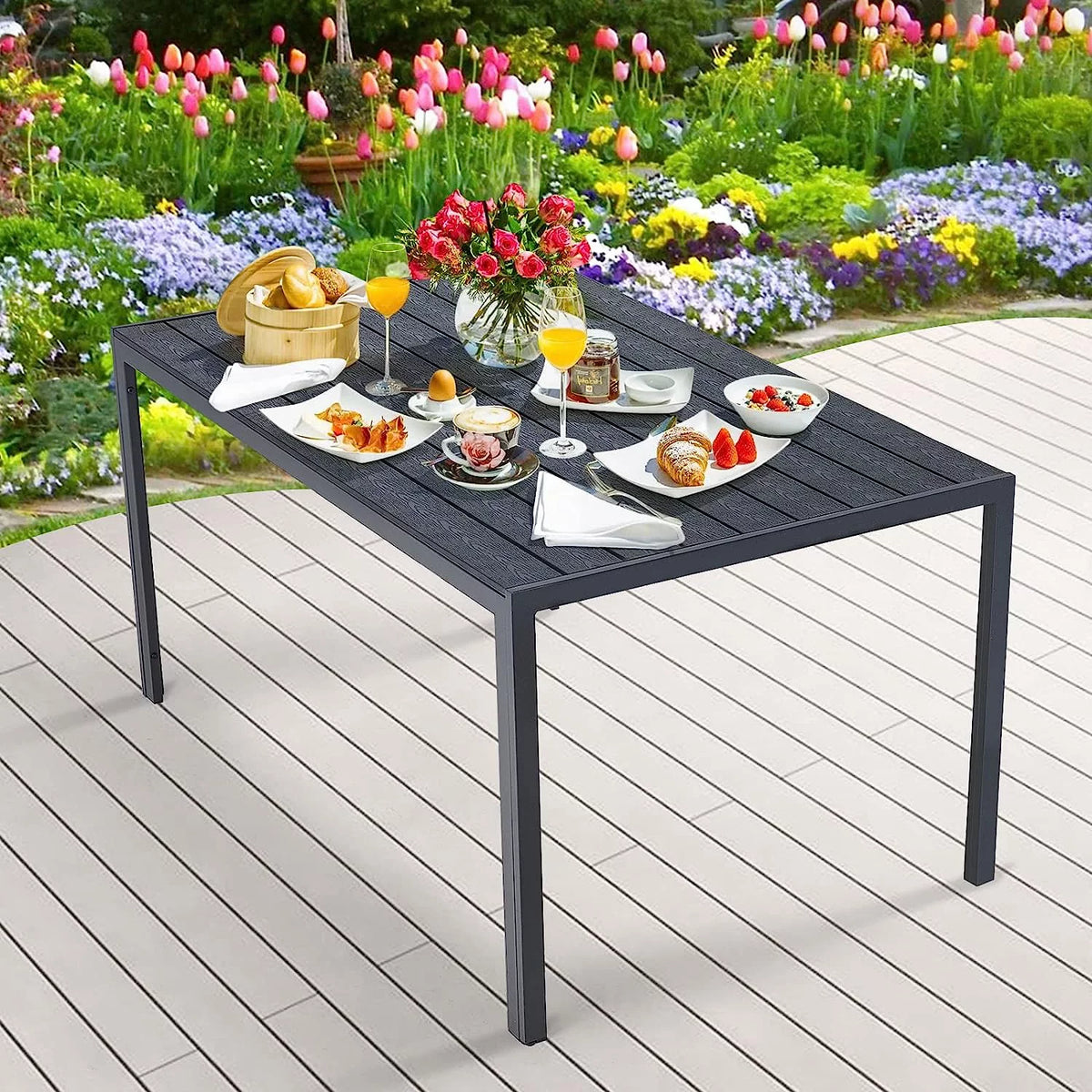 51x31 Black Metal Outdoor Dining Table with Umbrella Hole X2367