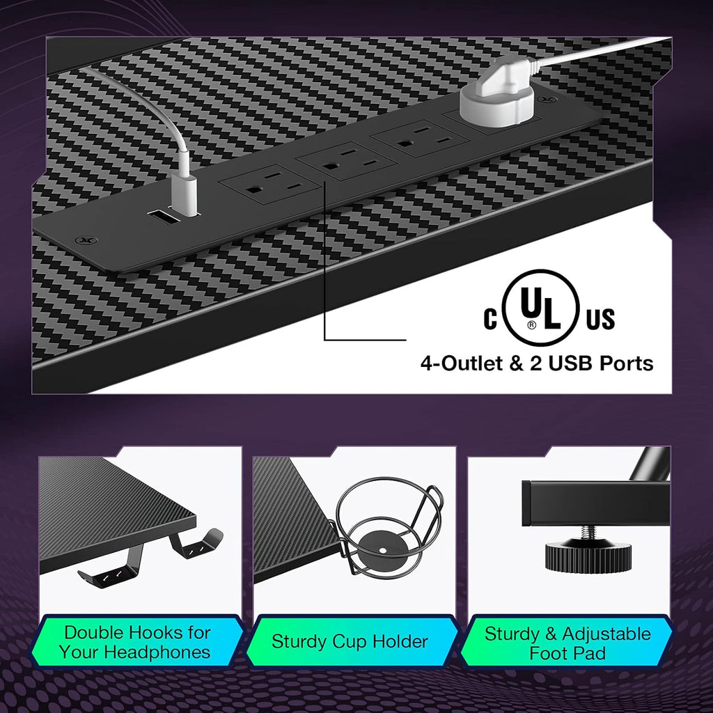 L-Shaped Gaming Desk with LED Strip & Power Outlets M98093