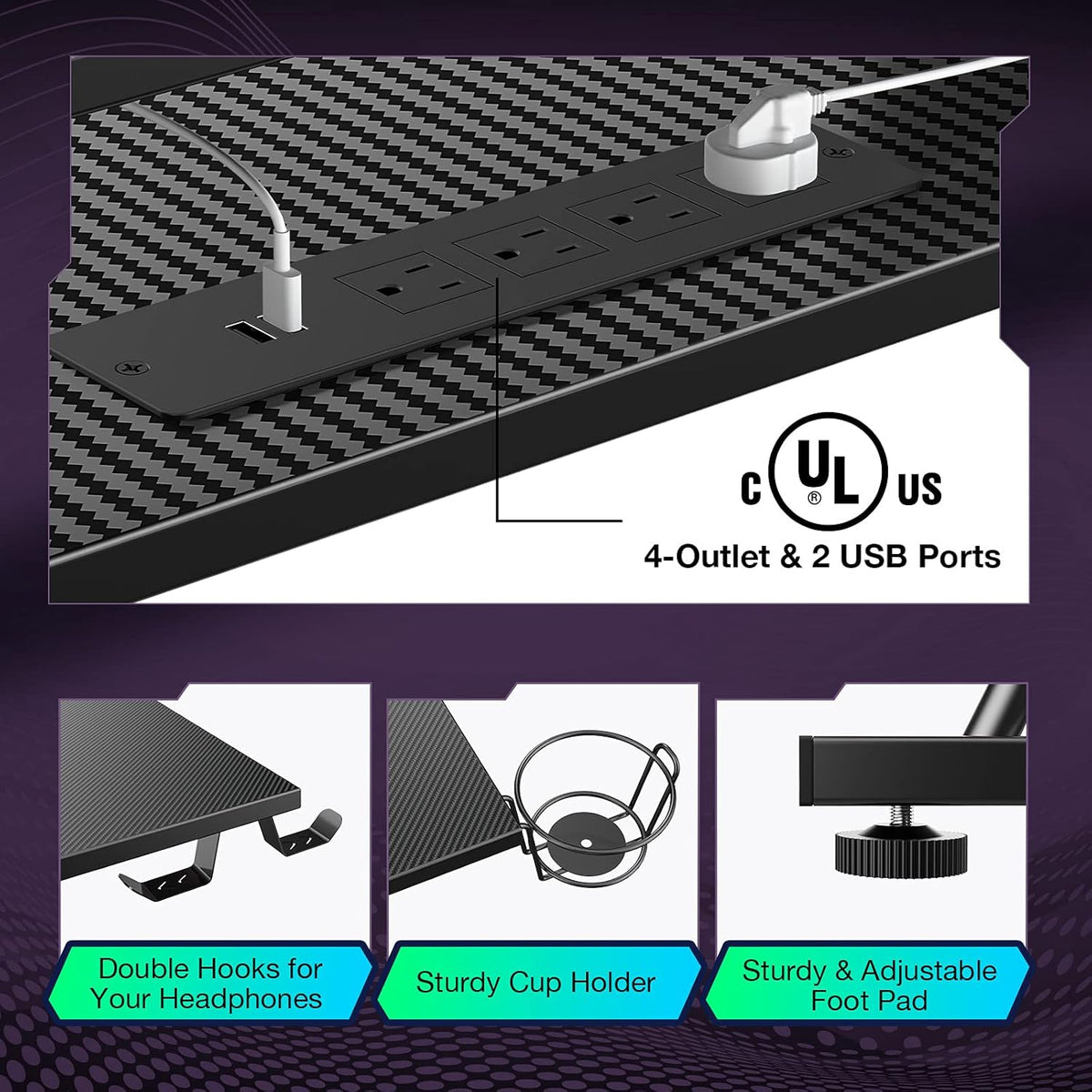 L-Shaped Gaming Desk with LED Strip & Power Outlets M98093
