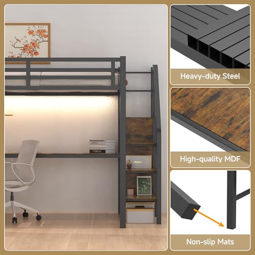 Full Size Black Metal Loft Bed with Desk and Storage Stairs K559