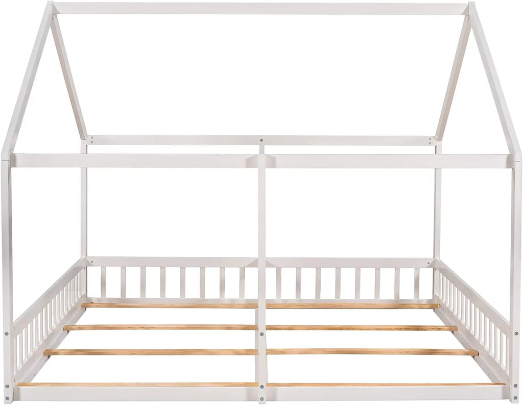 White Solid Wood Floor Bed with Rails and Roof T87125