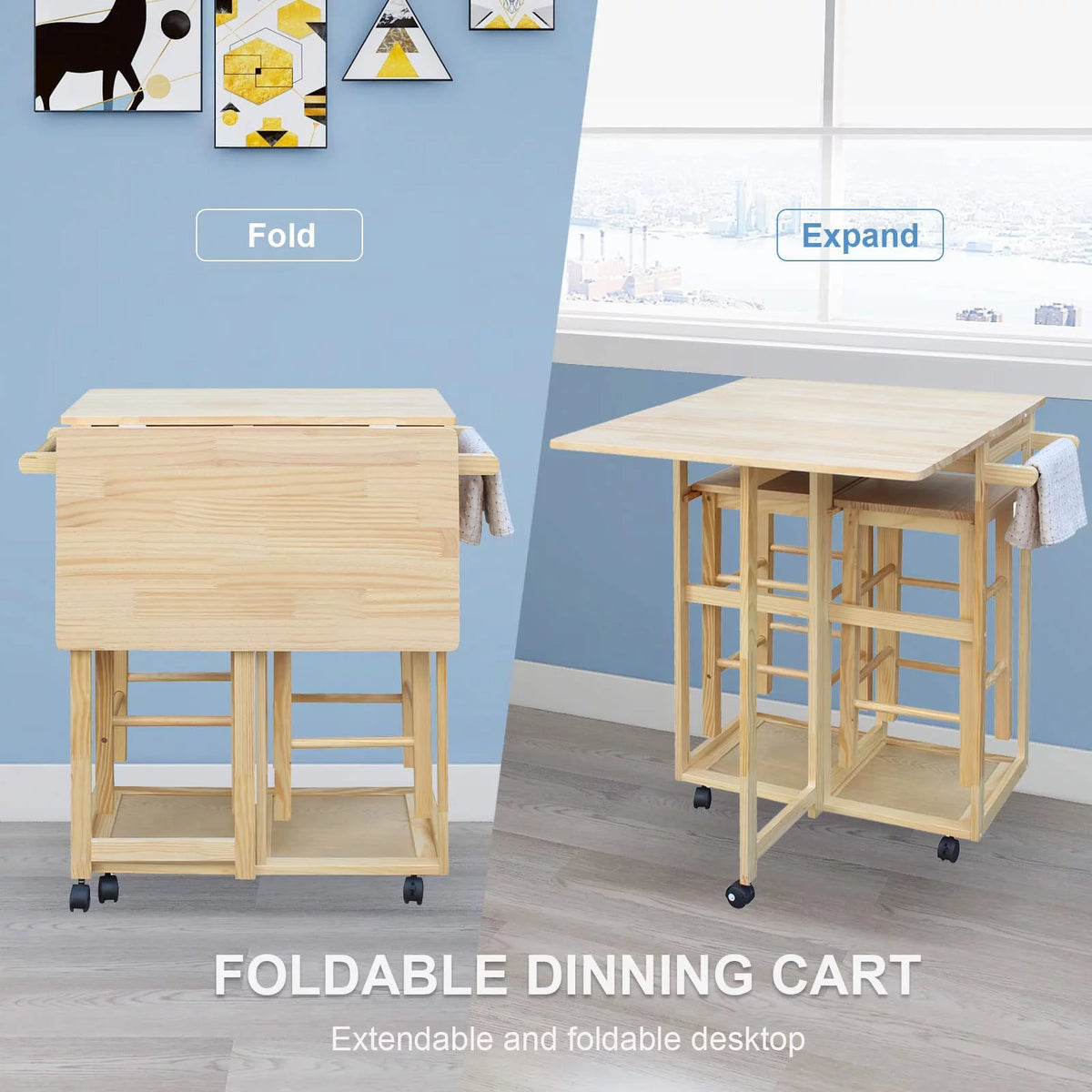 Drop Leaf Table, Rolling Kitchen Tables, Dining Table Set for 2, Natural U8087