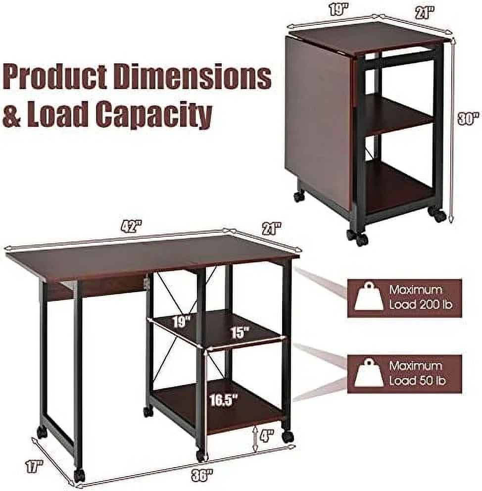 Folding Computer Desk with 2-Tier Shelves and 6 Wheels A941750