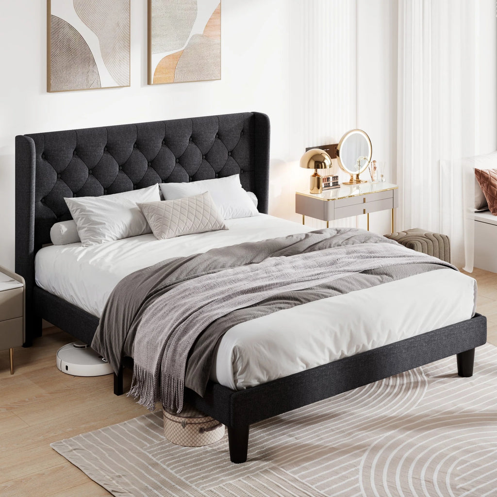 Queen Size Upholstered Platform Bed Frame with Wingback and Button Tufted Headboard, Dark Grey O909554