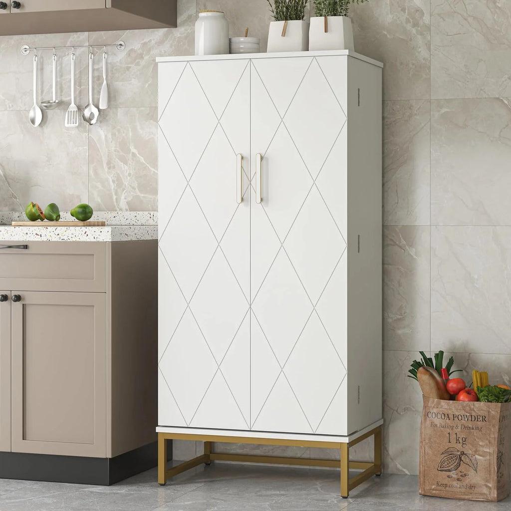 White Freestanding Kitchen Pantry Storage Cabinet with Adjustable Shelves V6456