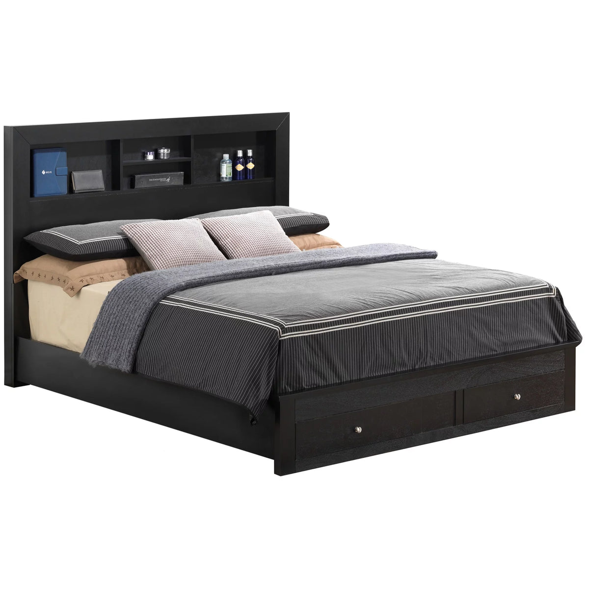 Black King Size Storage Platform Bed with Shelves and Drawer K287