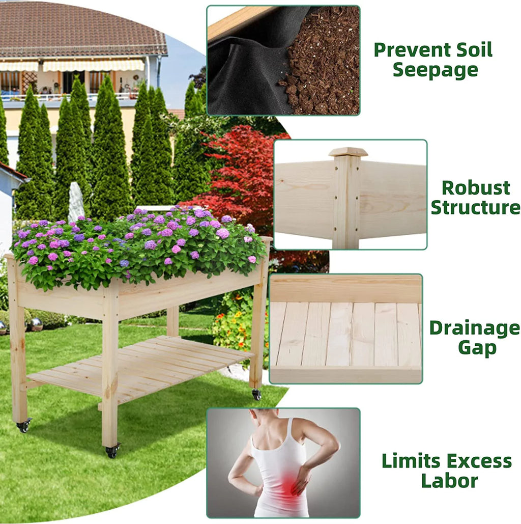 Raised Wood Garden Bed with Wheels and Storage Shelf O7902