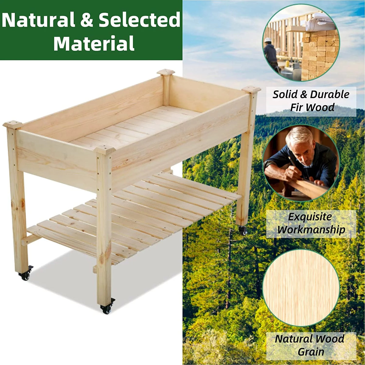 Raised Wood Garden Bed with Wheels and Storage Shelf O7902