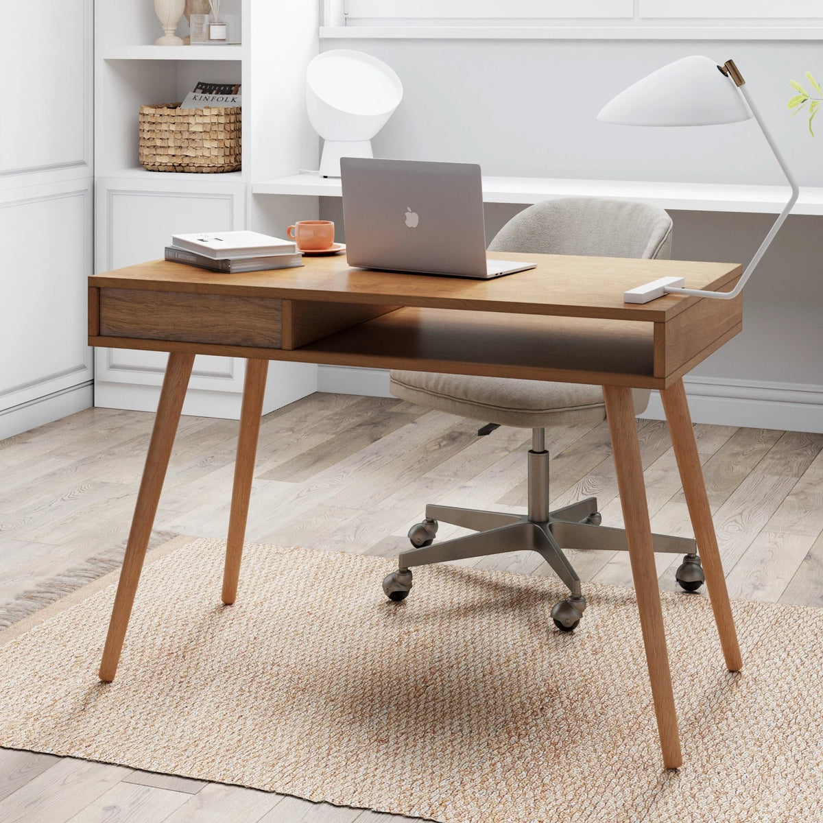 Modern Home Office Desk in Walnut Wood with Open Storage Cubby and Small Drawer H33235