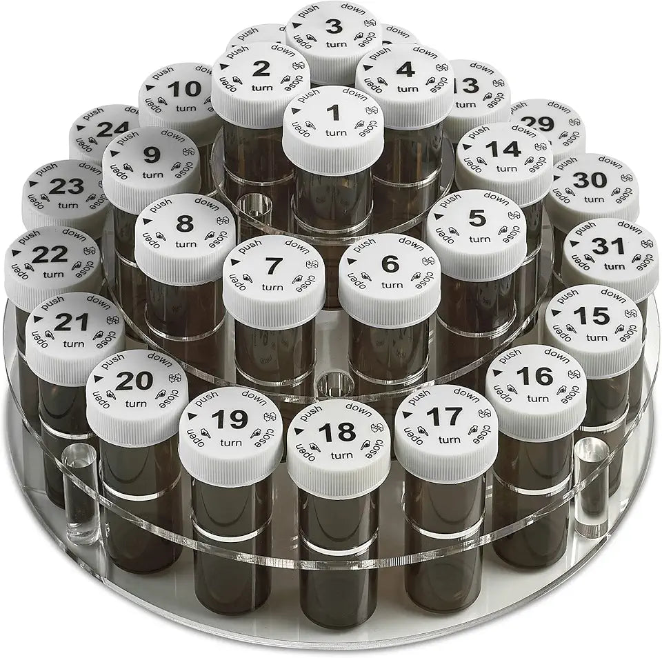 31 Numbered Full-Size Pill Bottle Organizer Caddy with Child-Proof Lids C941256