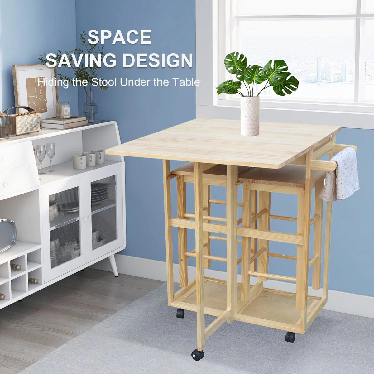 Drop Leaf Table, Rolling Kitchen Tables, Dining Table Set for 2, Natural U8087