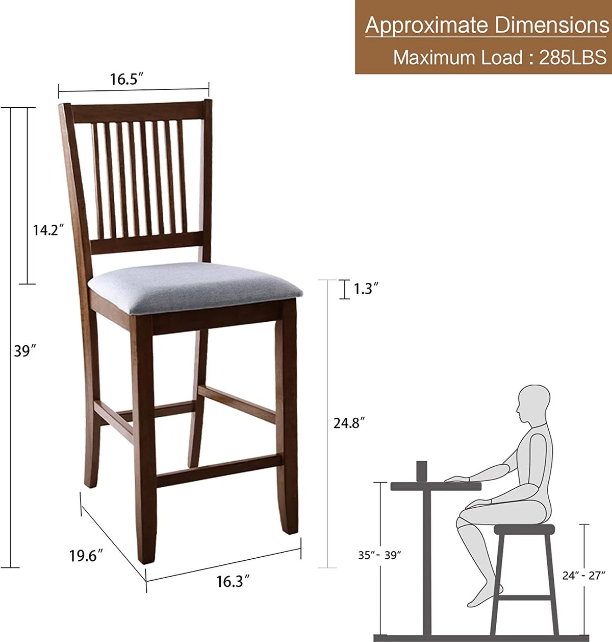 Wood Bar Stools Set of 2 Upholstered Counter Height Chairs Walnut J848135