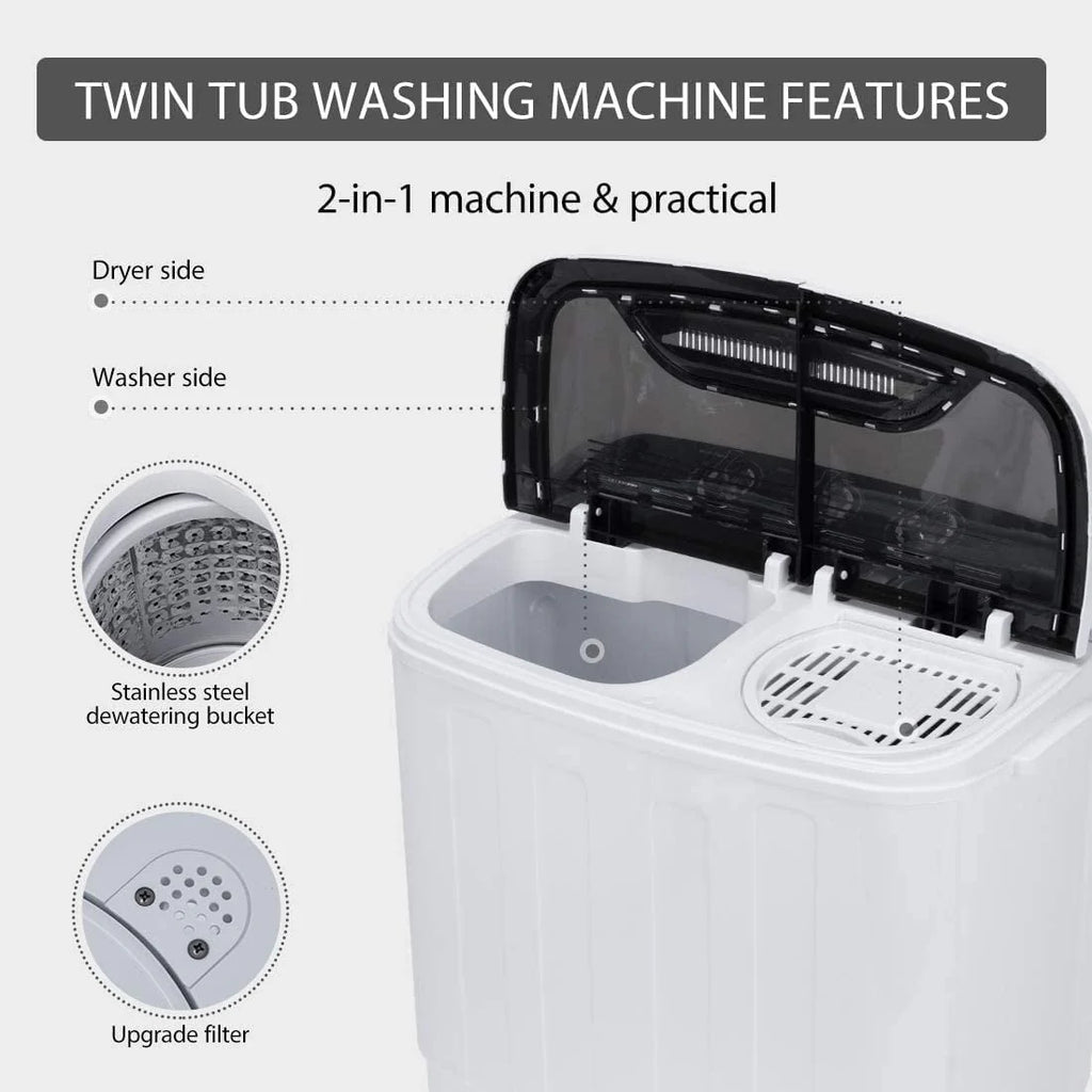 Portable 2 in 1 Twin Tub Mini Laundry Washer and Spin Dryer Combo 13.5lbs Black & White Z1219