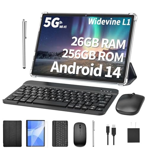 10.1 inch Android 14 Tablet with Keyboard, 26GB RAM, 256GB ROM, 8000mAh Battery, Black Z2089