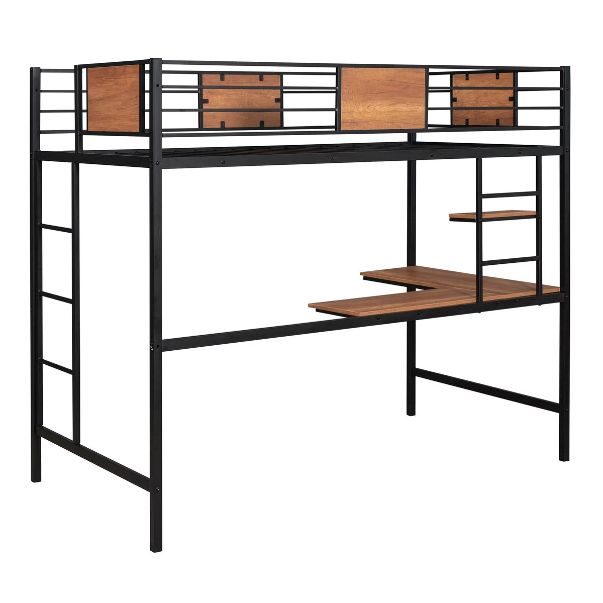Black Twin Size Metal Loft Bed with Desk and Shelves D821