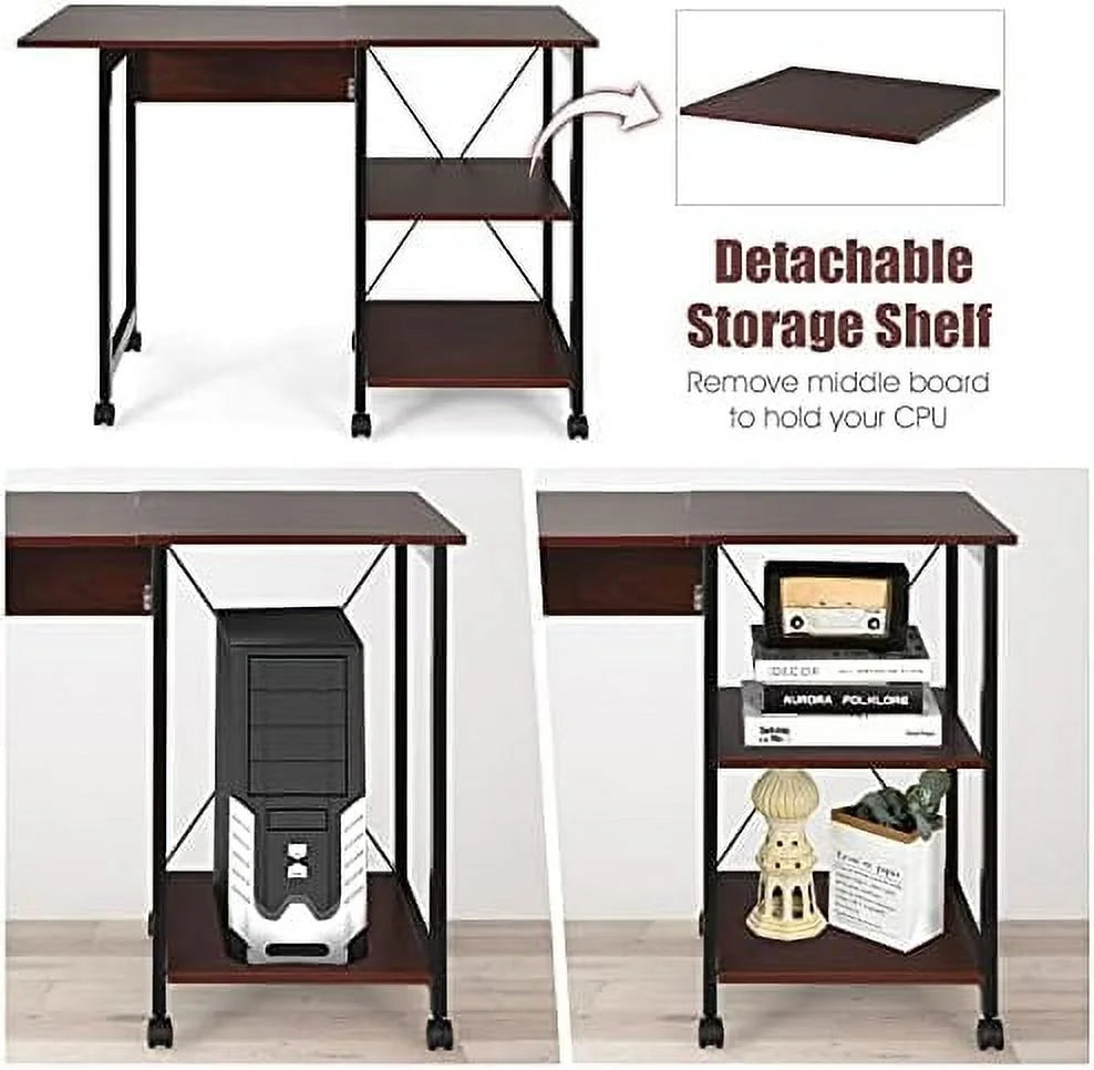 Folding Computer Desk with 2-Tier Shelves and 6 Wheels A941750