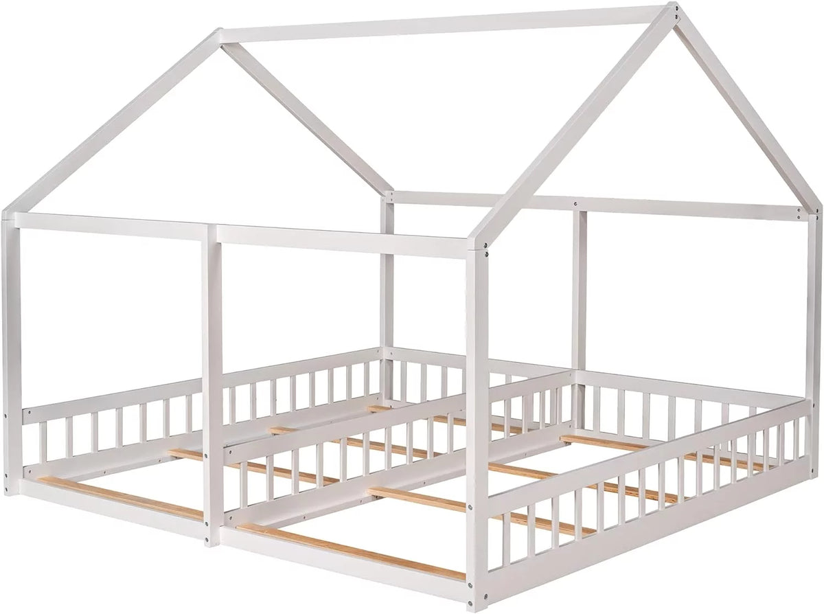 White Solid Wood Floor Bed with Rails and Roof T87125