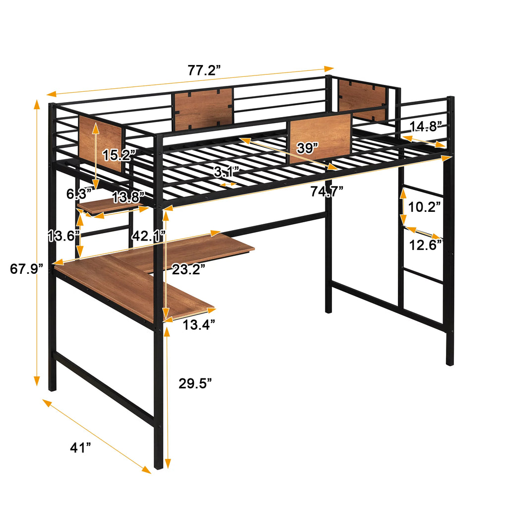 Black Twin Size Metal Loft Bed with Desk and Shelves D821