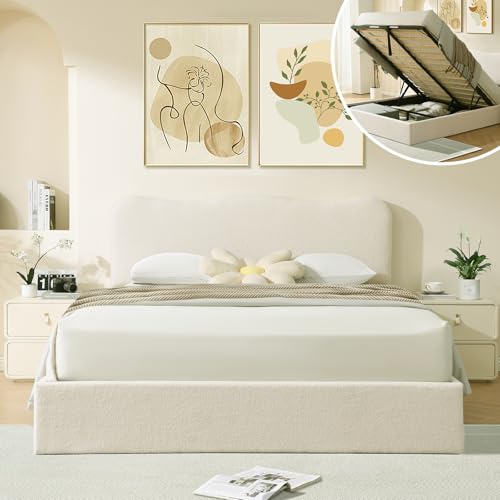 Queen Size Upholstered Boucle Storage Bed with Curved Headboard X763130
