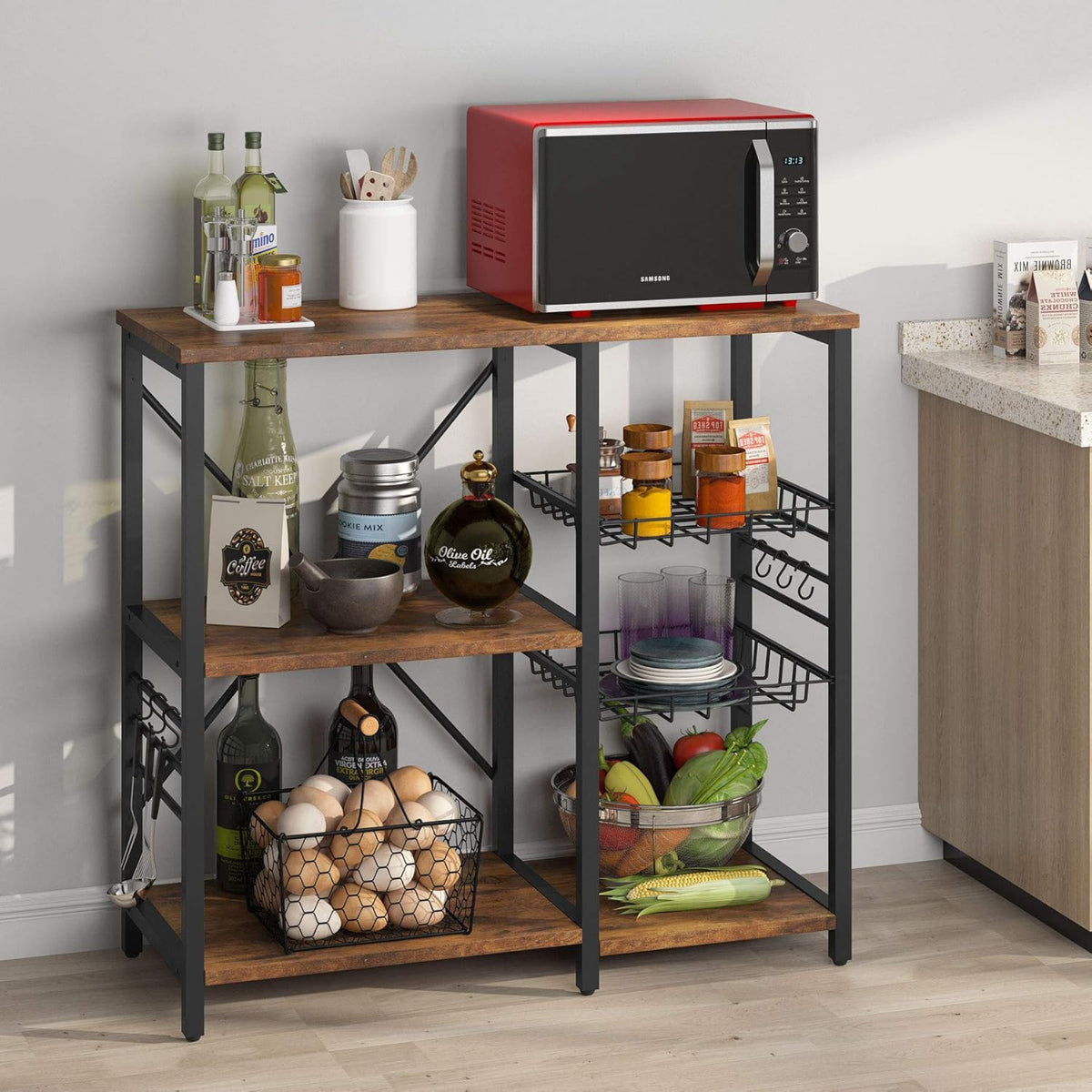 Kitchen Cart Baker’s Rack with Wire Basket and 6 Hooks H9560